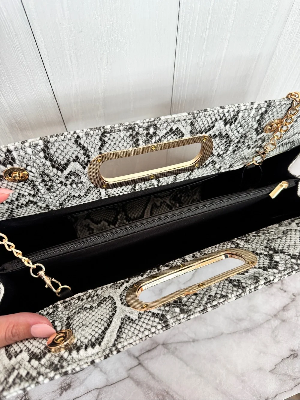 Snake-Print Chain Handle Clutch - Black & White